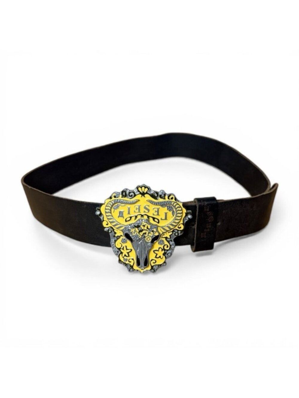 Vintage Y2K Diesel Leather Belt Size 34 Made in Italy Western Bull Skull